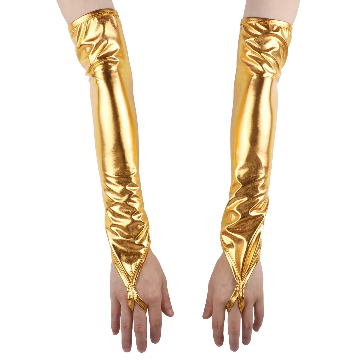 Shiny Fingerless Metallic Elbow Gloves