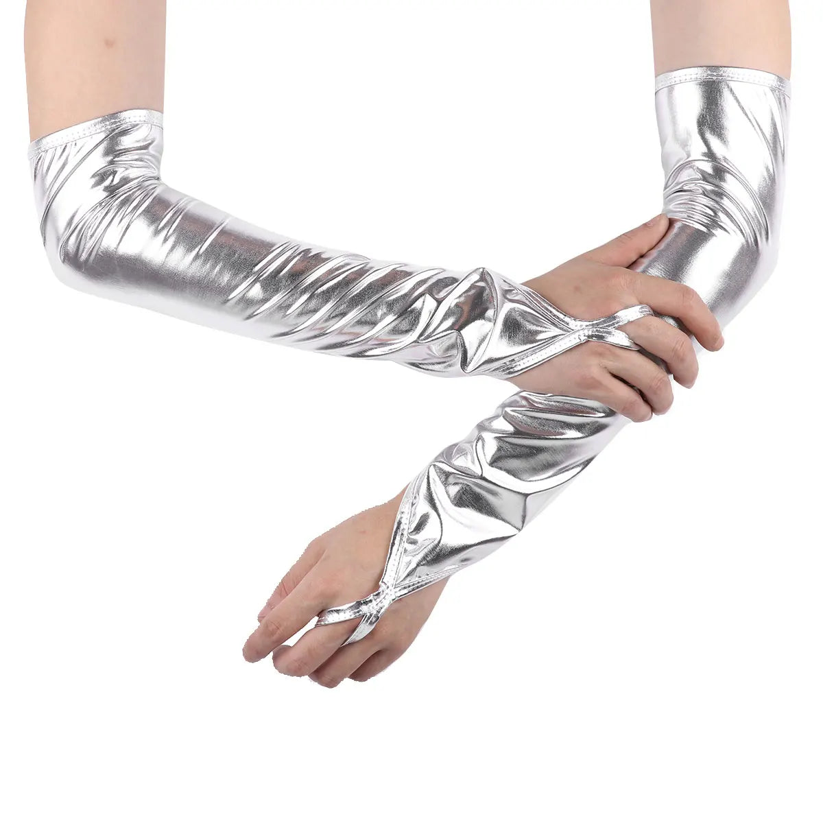 Shiny Fingerless Metallic Elbow Gloves