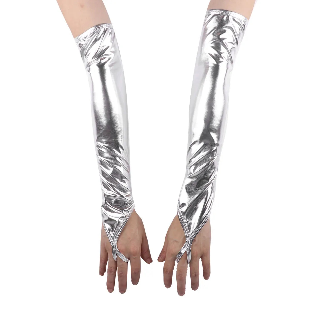 Shiny Fingerless Metallic Elbow Gloves