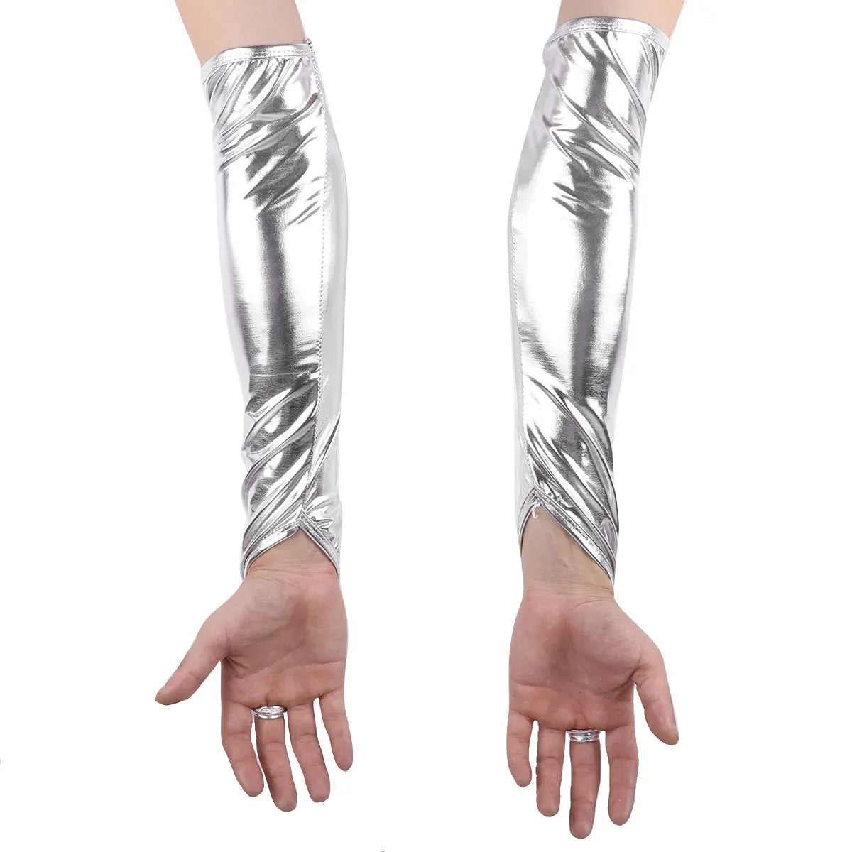 Shiny Fingerless Metallic Elbow Gloves