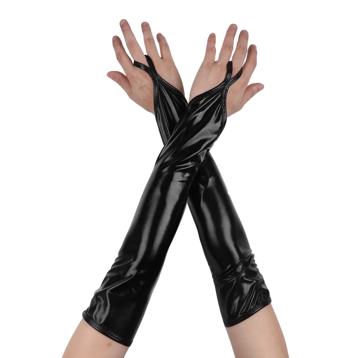 Shiny Fingerless Metallic Elbow Gloves