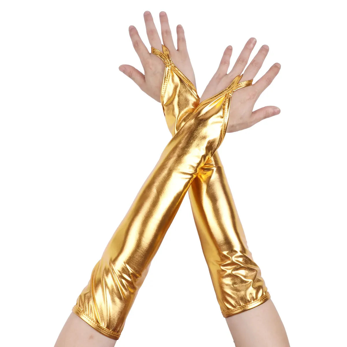 Shiny Fingerless Metallic Elbow Gloves